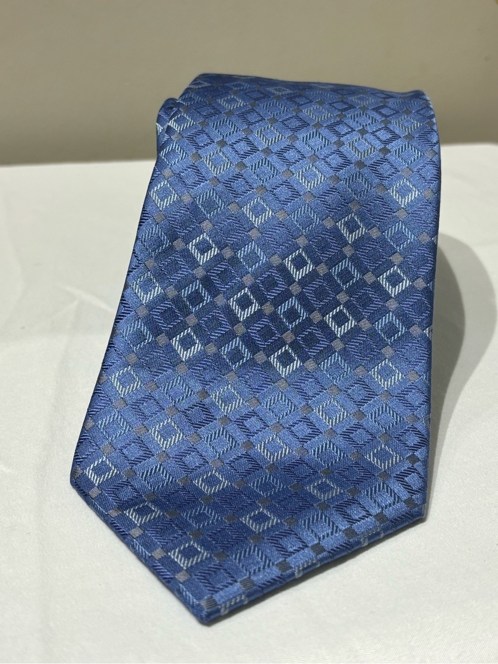 Balmain Blue Checkered  Geometric Silk Tie with Light Blue/Gray Accents